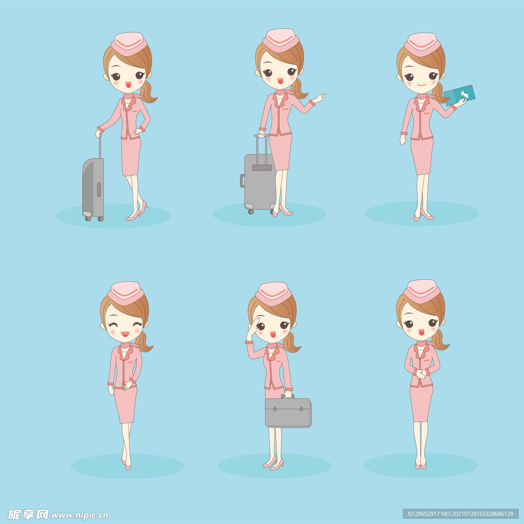 卡通可爱空姐职业女孩拖着行李箱配图插画图片-千库网