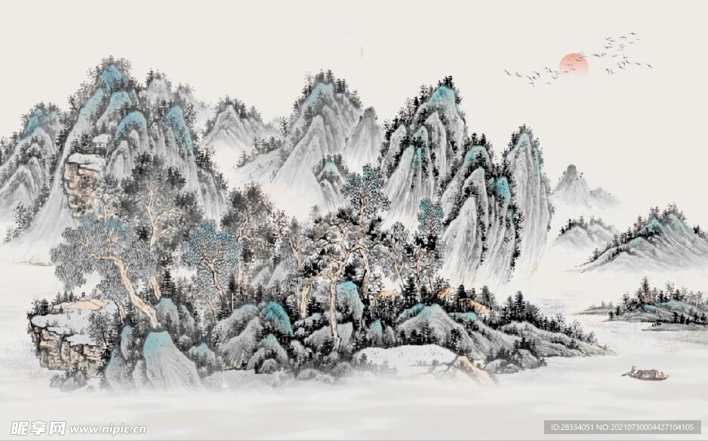 新中式水墨山水国画电视背景墙