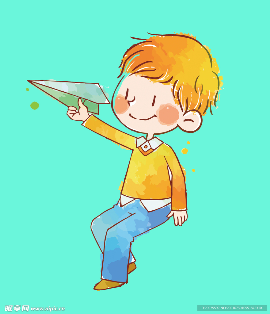 卡通手绘玩飞机的小男孩PNG素