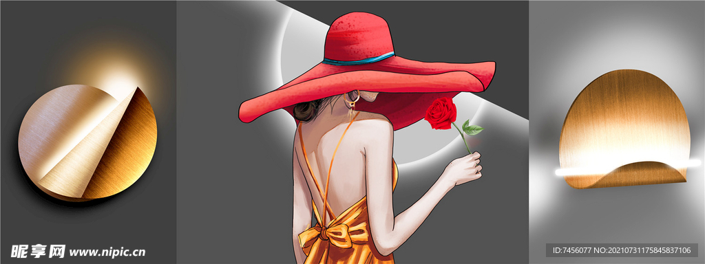 红色帽子鲜花美女高清装饰画