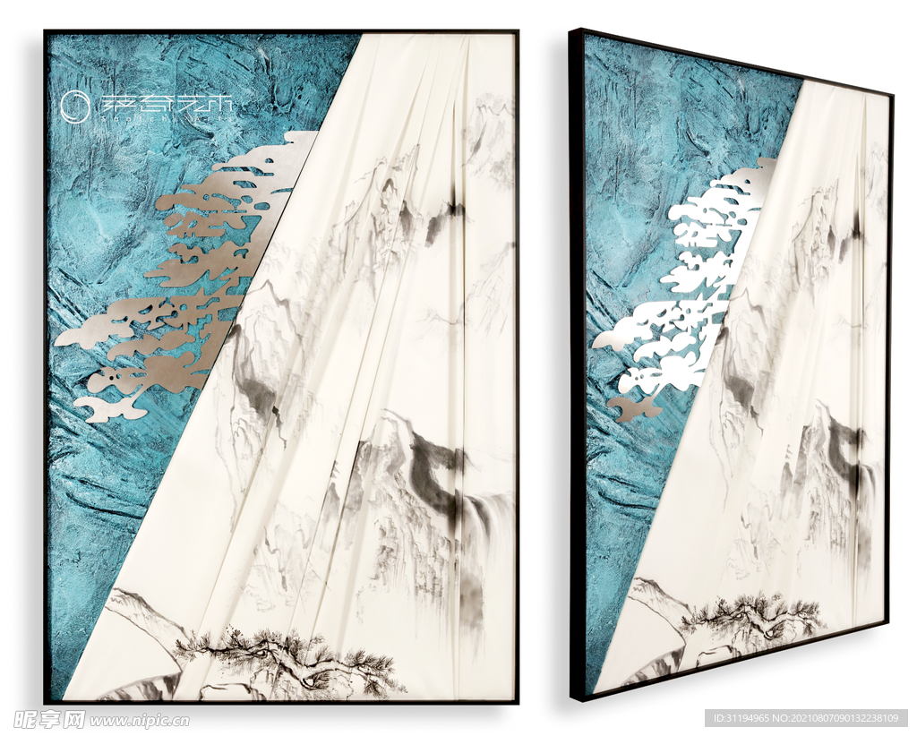 蓝白山水画