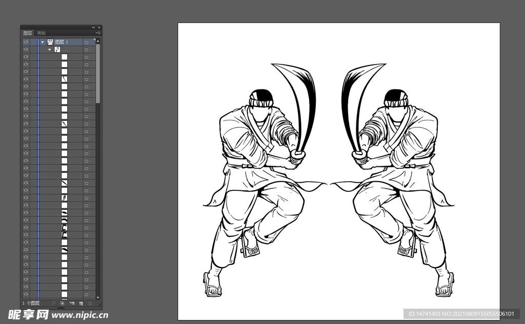 挥刀木屐武士跳跃挥砍动作卡通