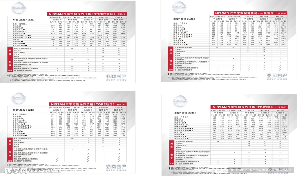 东风日产汽车保养价格看板