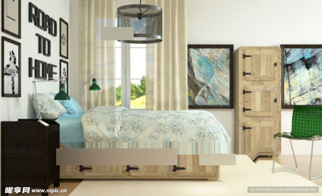 C4D模型卧室床灯柜子画框窗帘