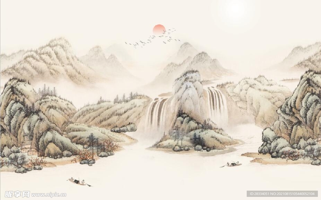 新中式水墨山水国画电视背景墙