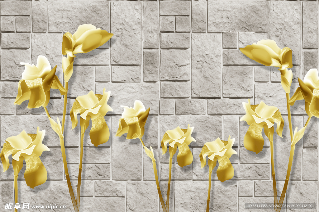 复古砖墙金色花背景墙 