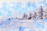 雪景雪松彩色素描背景手绘插画