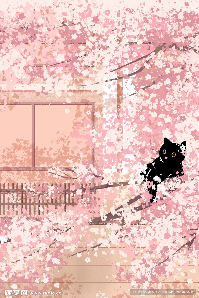 手绘樱花风景插画图片 