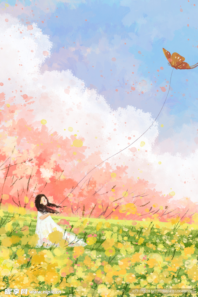   手绘樱花风景插画图片 