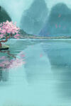 手绘樱花风景插画图片 