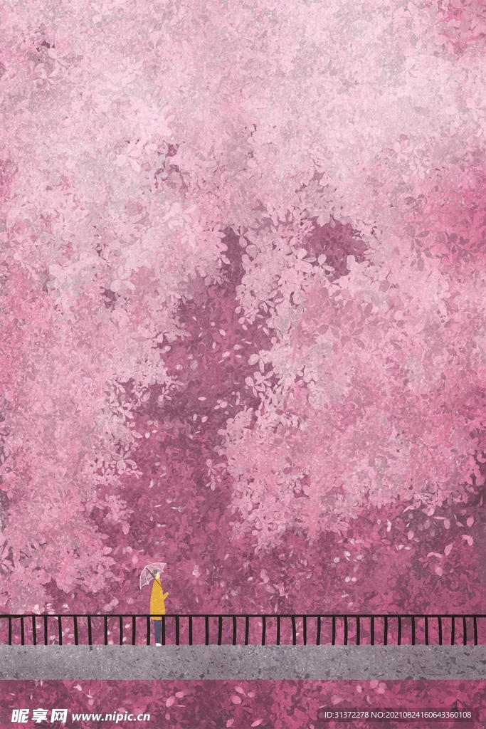  手绘樱花风景插画图片 
