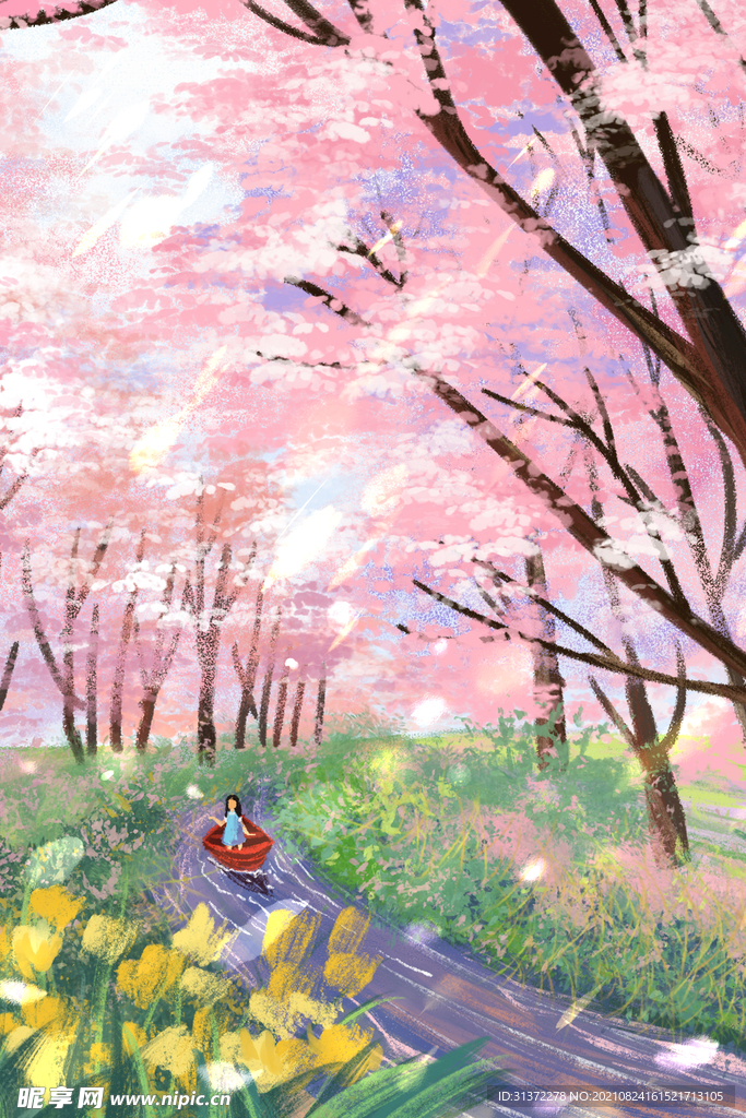 手绘樱花风景插画图片 