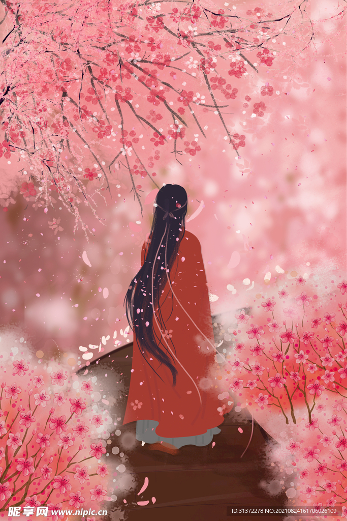  手绘樱花风景插画图片 