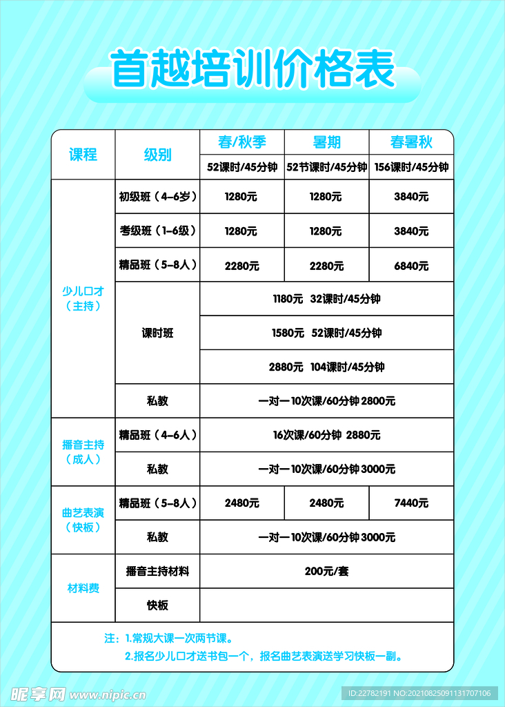 培训学校价目表