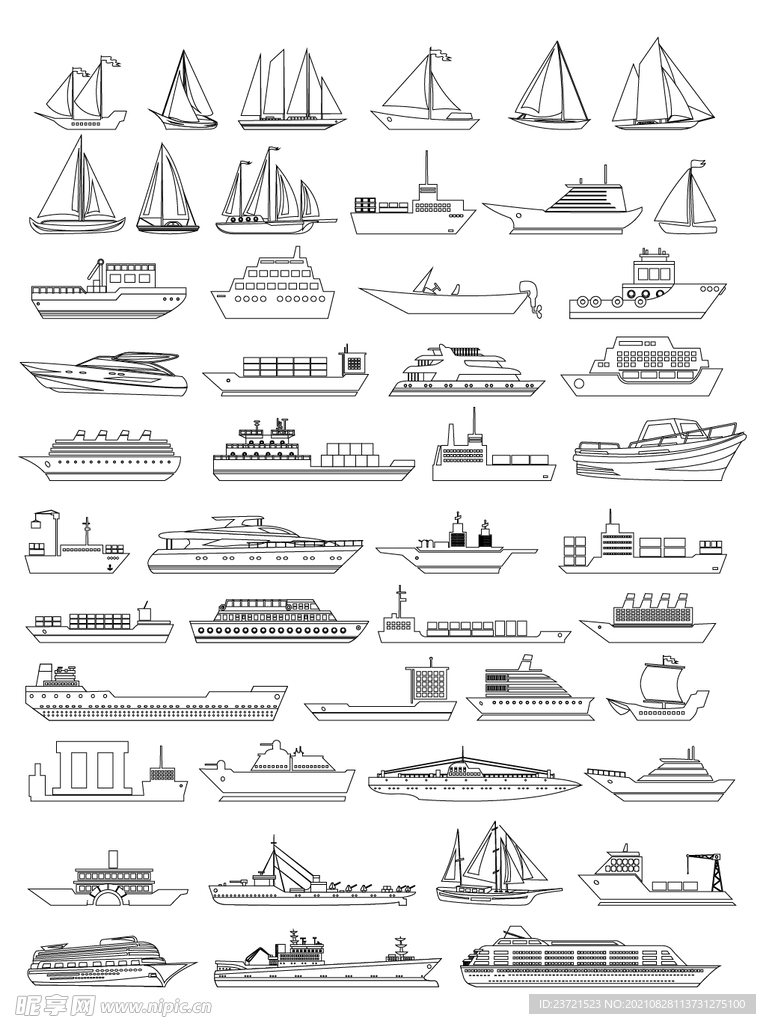 线描可爱卡通各类船只交通运输工