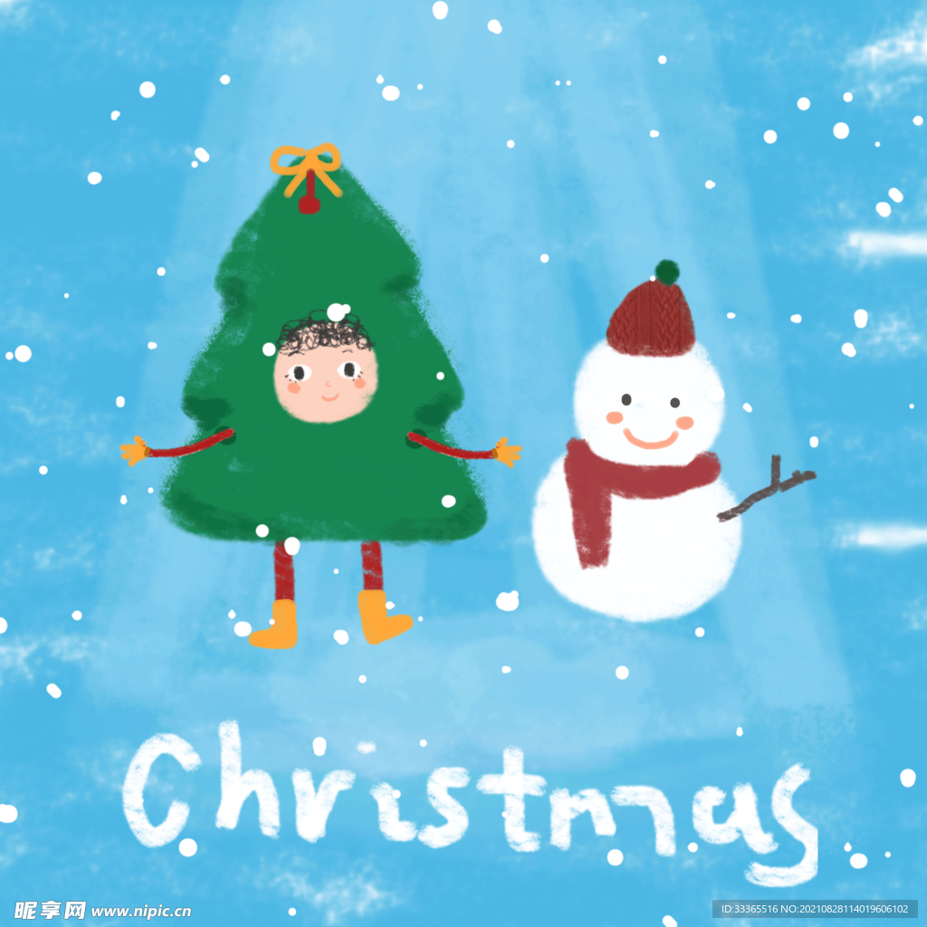 手绘雪花雪人圣诞树插画