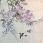 紫藤与飞鸟国画