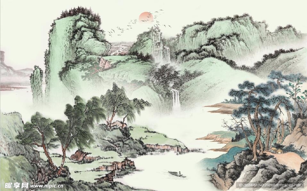 新中式青山绿水山水国画电视背景