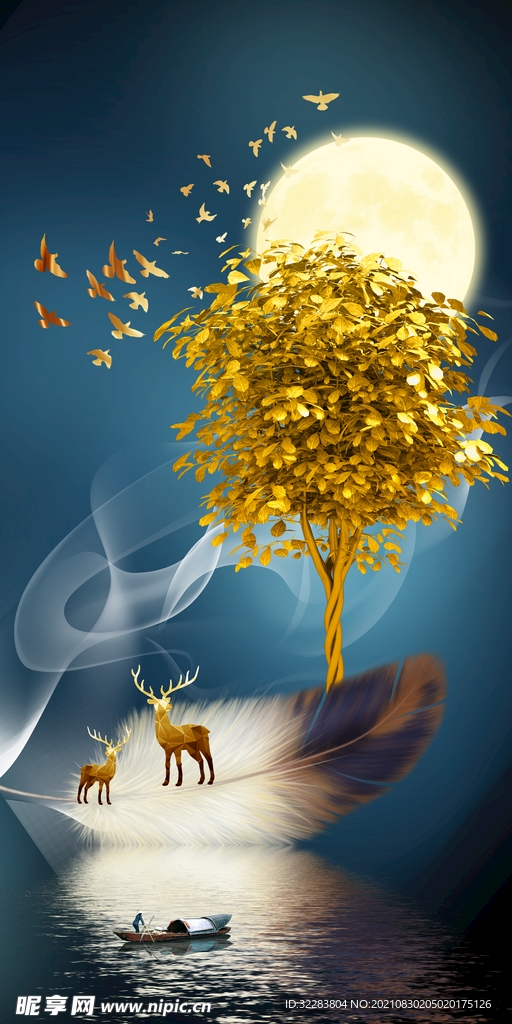麋鹿发财树装饰画