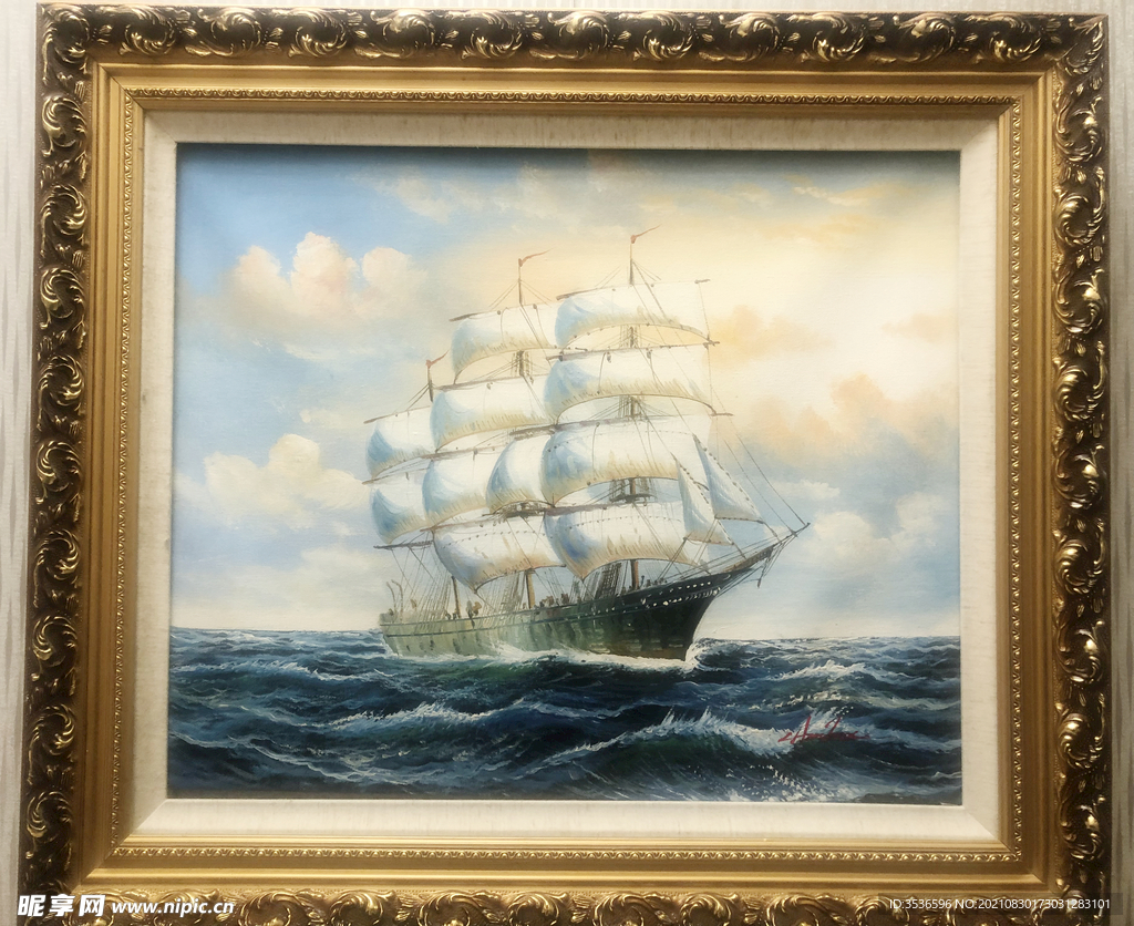 大海上帆船油画