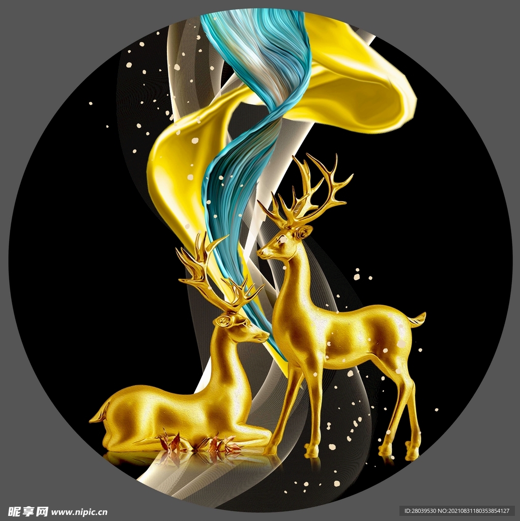 金色麋鹿圆形装饰画