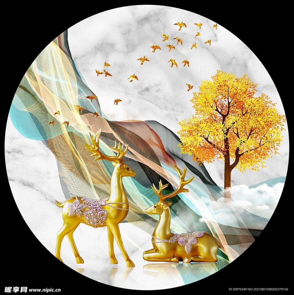 新中式麋鹿圆形装饰画