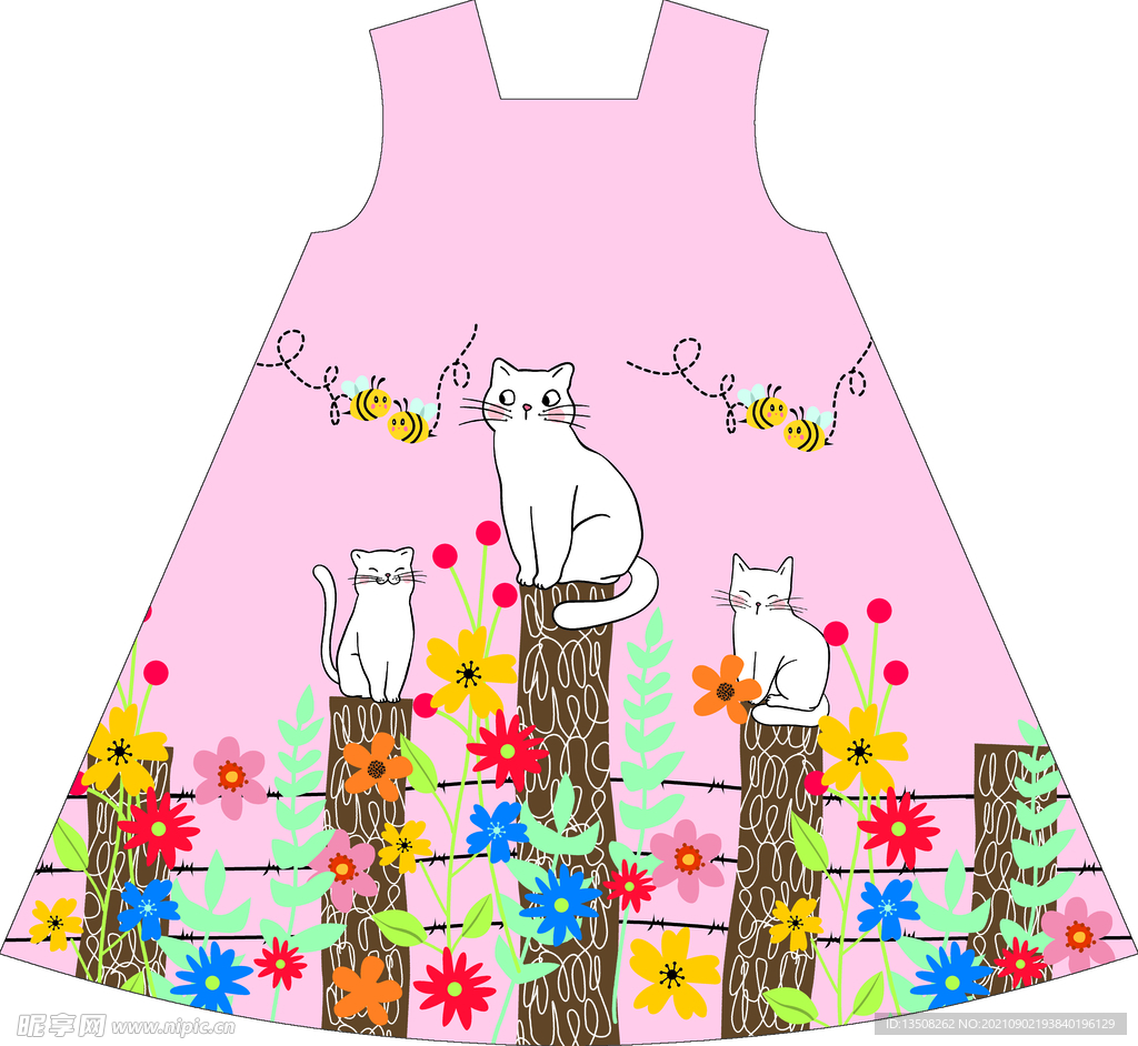 猫咪田园粉色女童数码印花裙