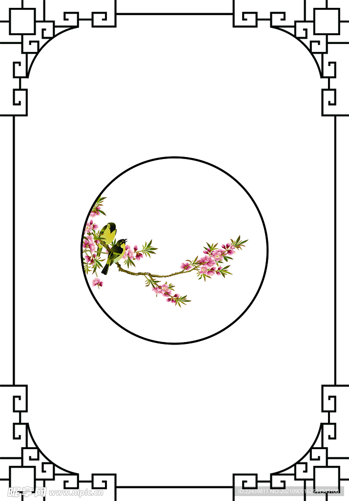 国画桃花黄鹂中式线条移门图片