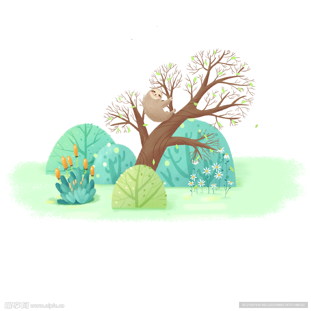 春天植物树木动物树懒手绘插画