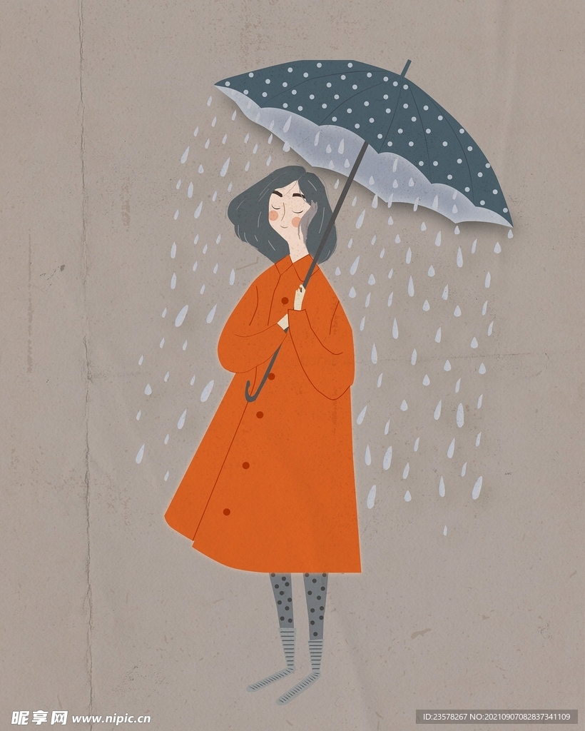 女孩 雨伞 下雨 插画 