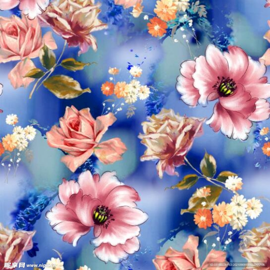 数码印花玫瑰花绣球花抽象花卉