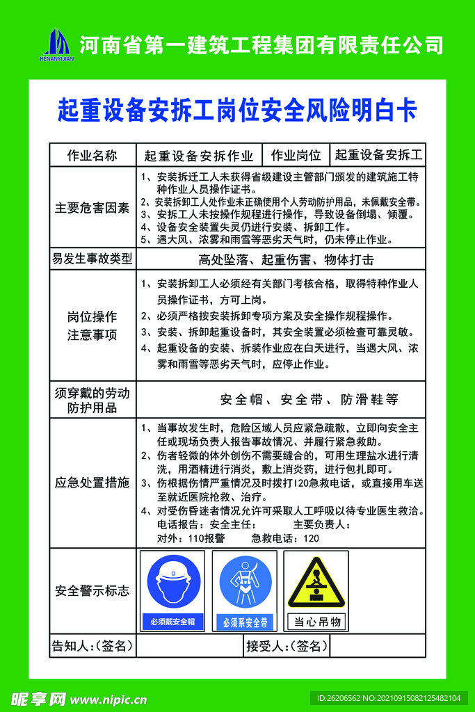 起重设备安拆工岗位安全风险明白