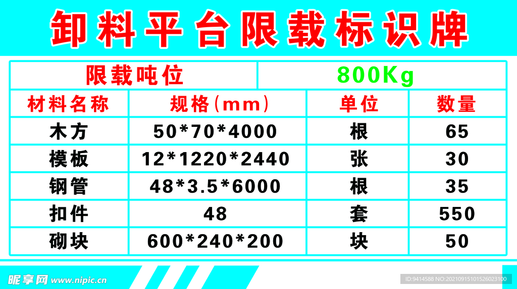 卸料平台限载标识牌