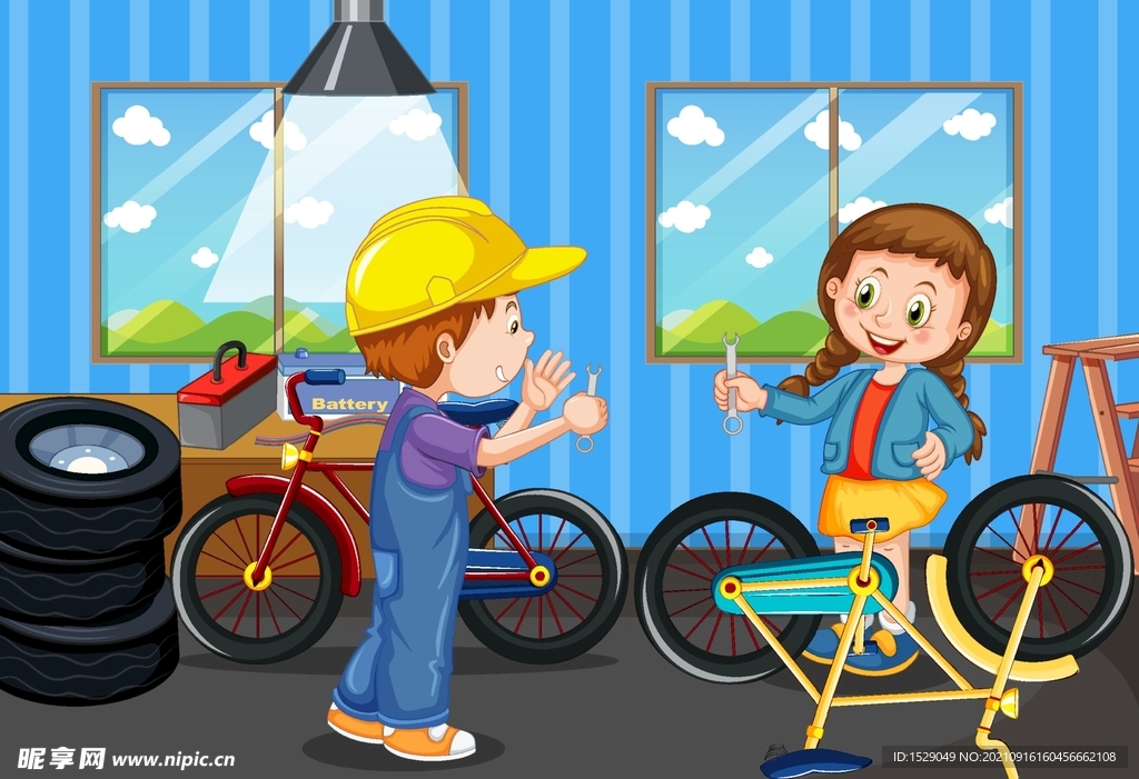 卡通儿童修自行车