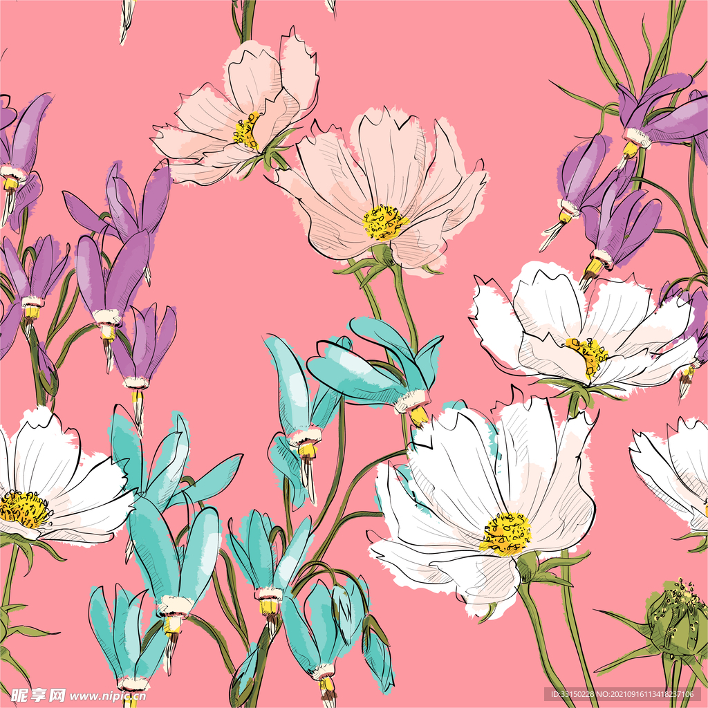 数码印花玫瑰花绣球花抽象花卉