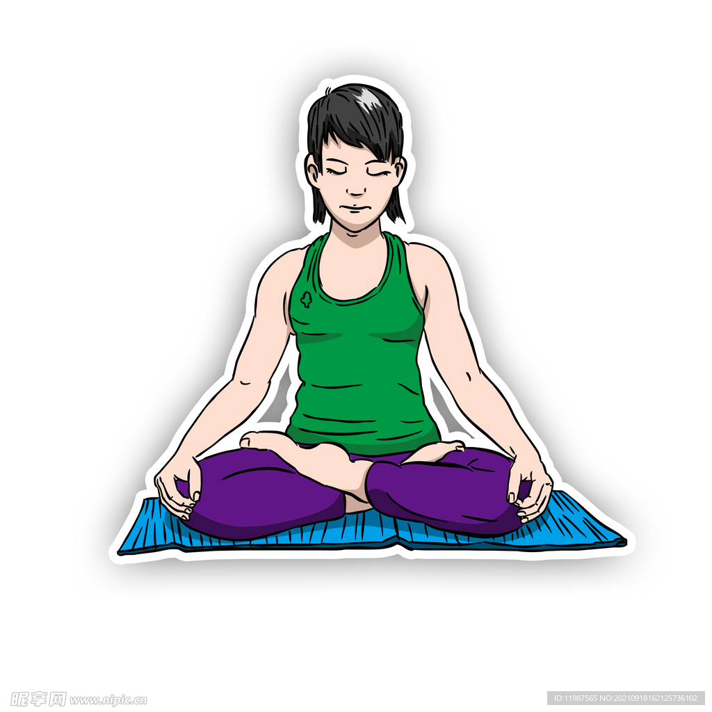 瑜伽打坐的女人健身美卡通矢量图