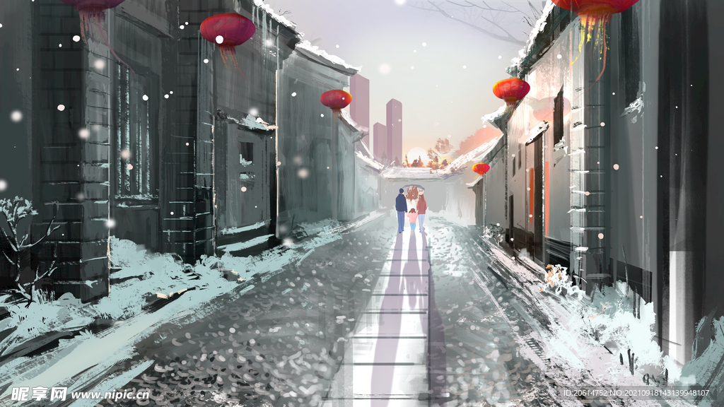 冬日飘雪的街道