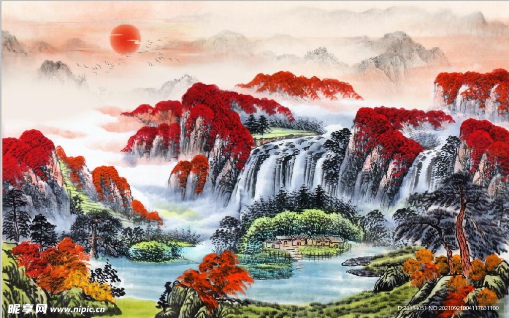 鸿运当头山水国画电视背景墙