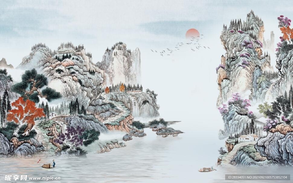 中式青绿山水国画电视背景墙