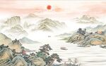 中式青绿山水国画电视背景墙