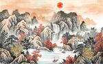 中式青绿山水国画电视背景墙
