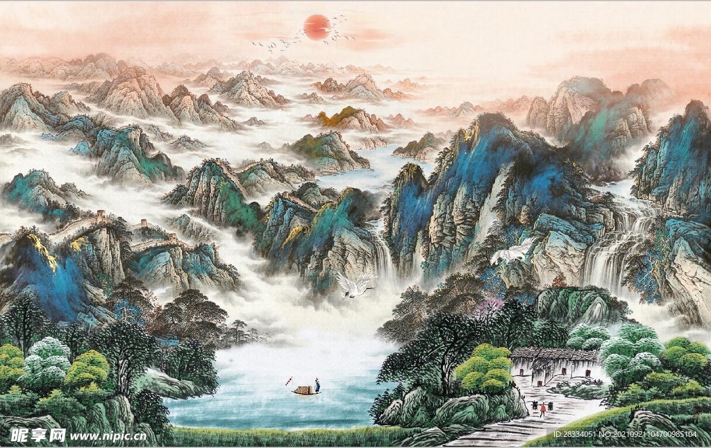 中式青绿山水国画电视背景墙