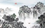 中式青绿山水国画电视背景墙