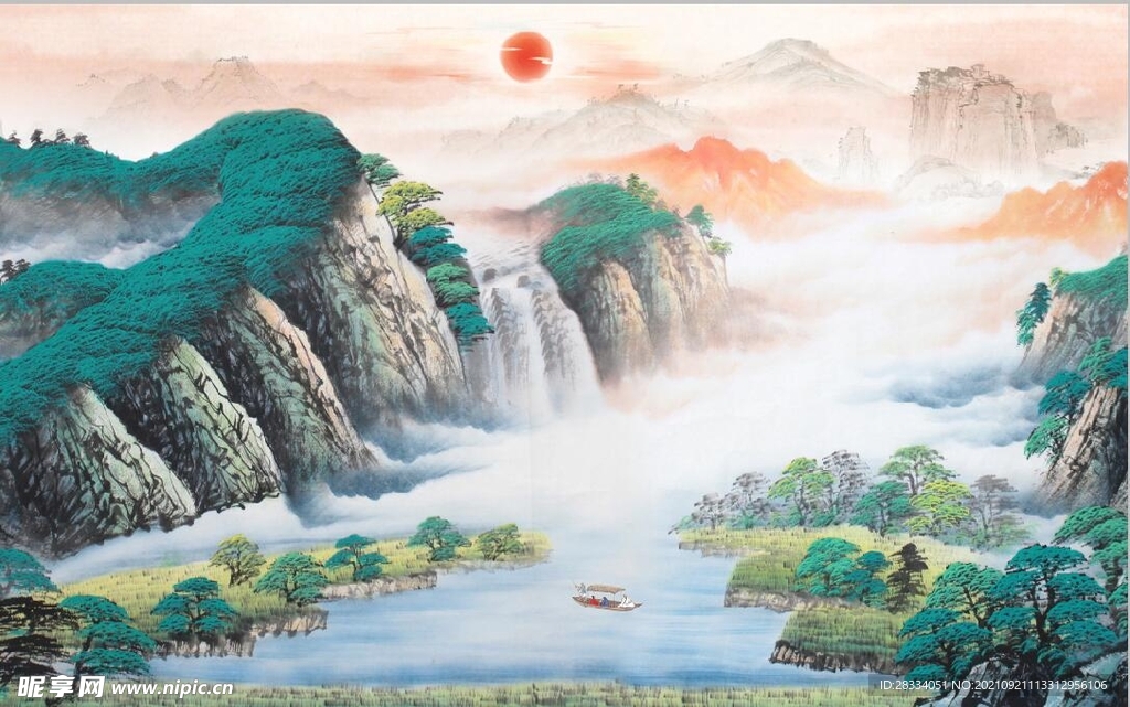 中式青绿山水国画电视背景墙