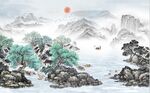 中式青绿山水国画电视背景墙