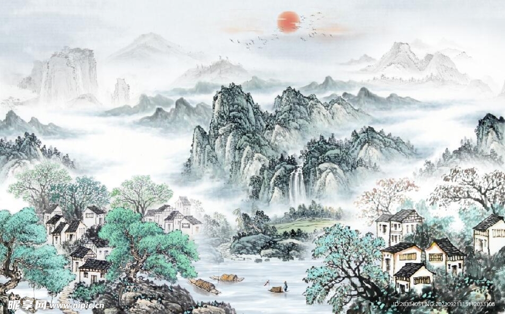 中式青绿山水国画电视背景墙