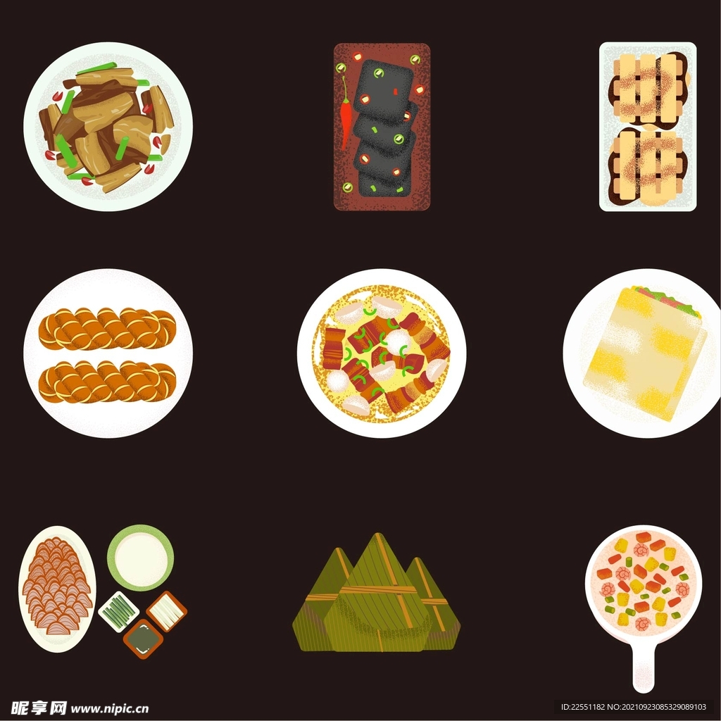 中餐食物扁平插画元素 