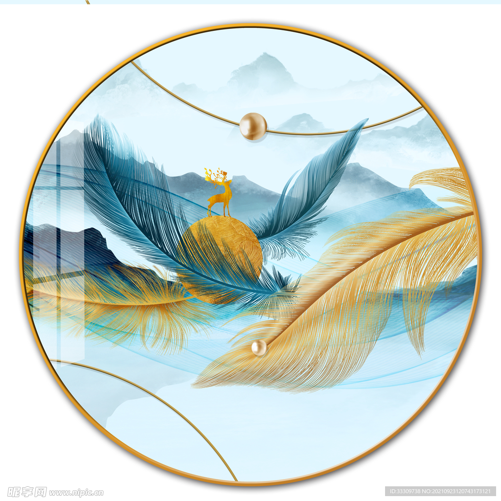羽毛简约烁金麋鹿山水抽象装饰画