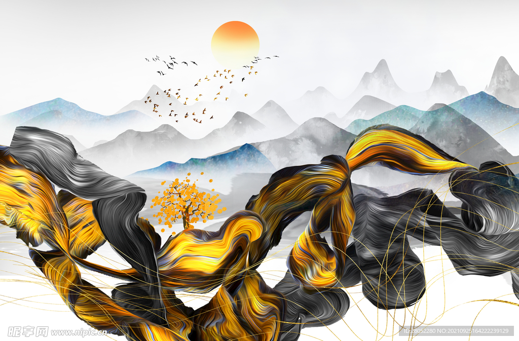 新中式麋鹿山水背景墙