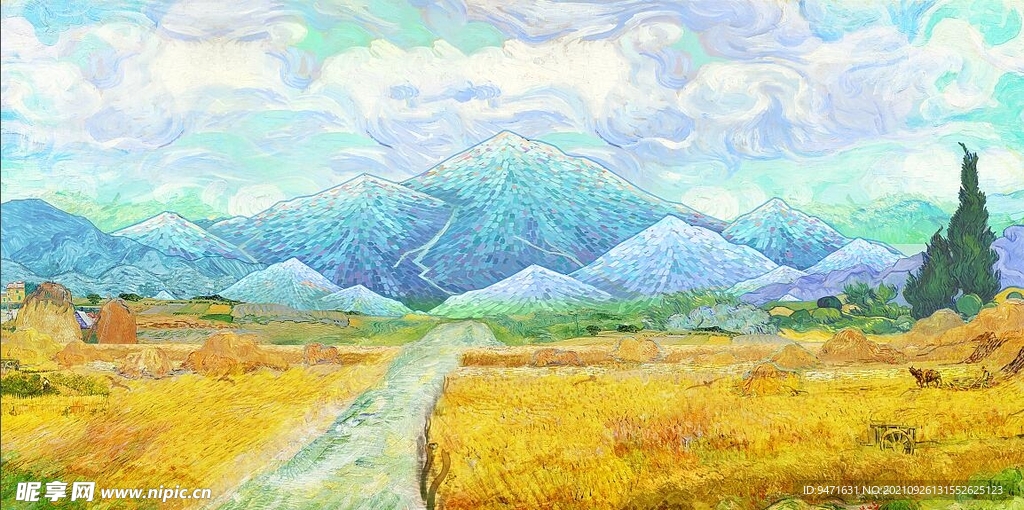 梵高风格麦田风景插画